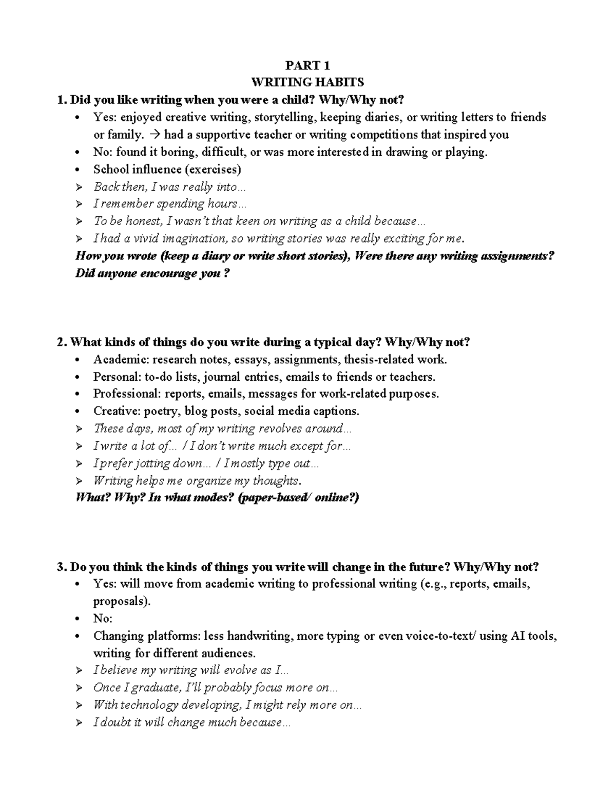 Further Speaking Practice 1: Writing Habits and Preferences - Studocu