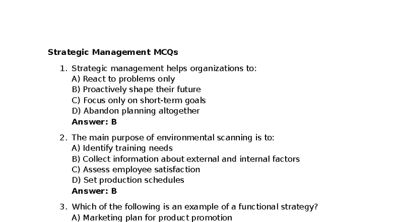 Strategic Management MCQs Part 2: Key Concepts & Answers - Studocu