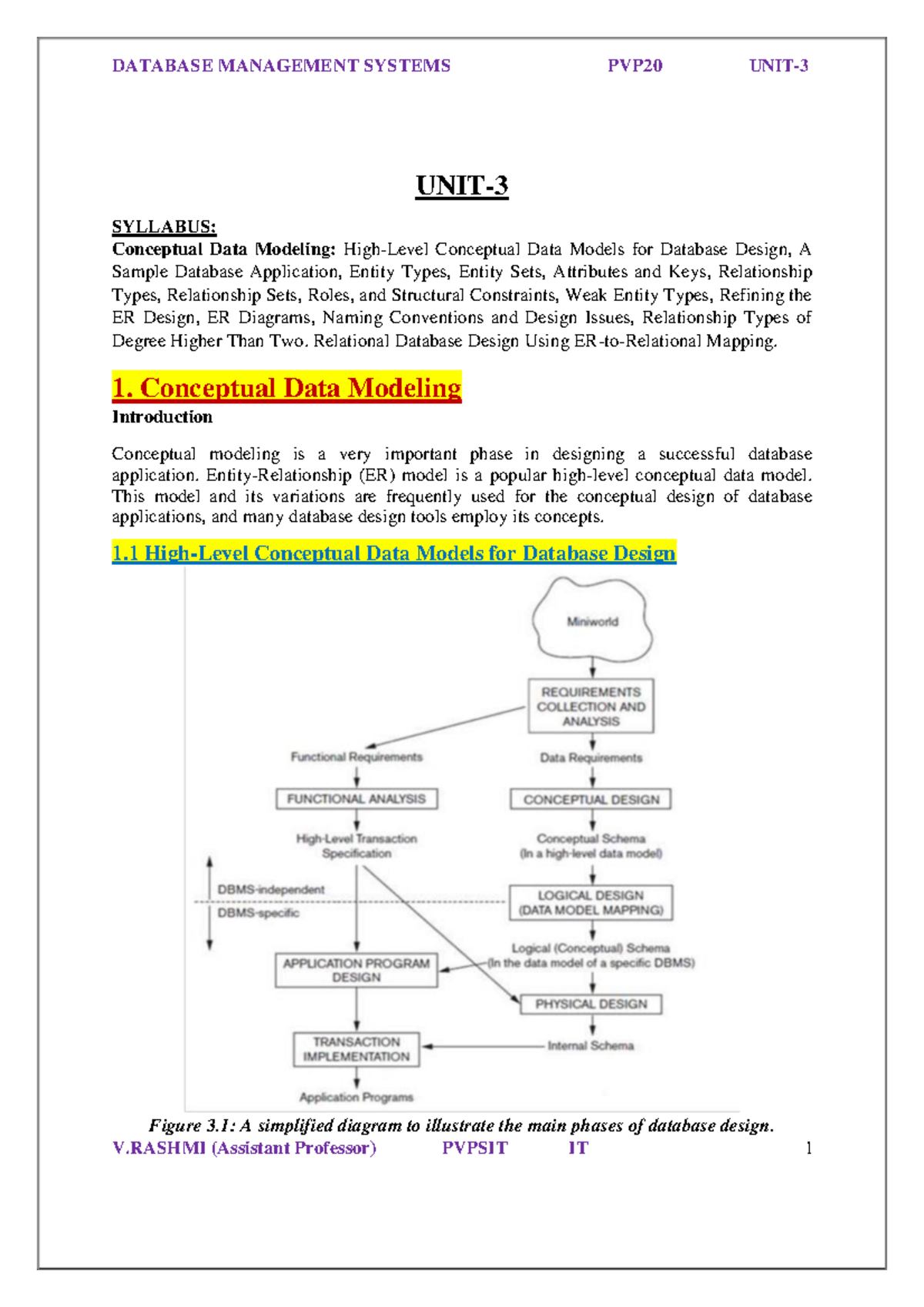 PVP20 DBMS UNIT-3 - Conceptual Data Modeling & ER Design Notes - Studocu