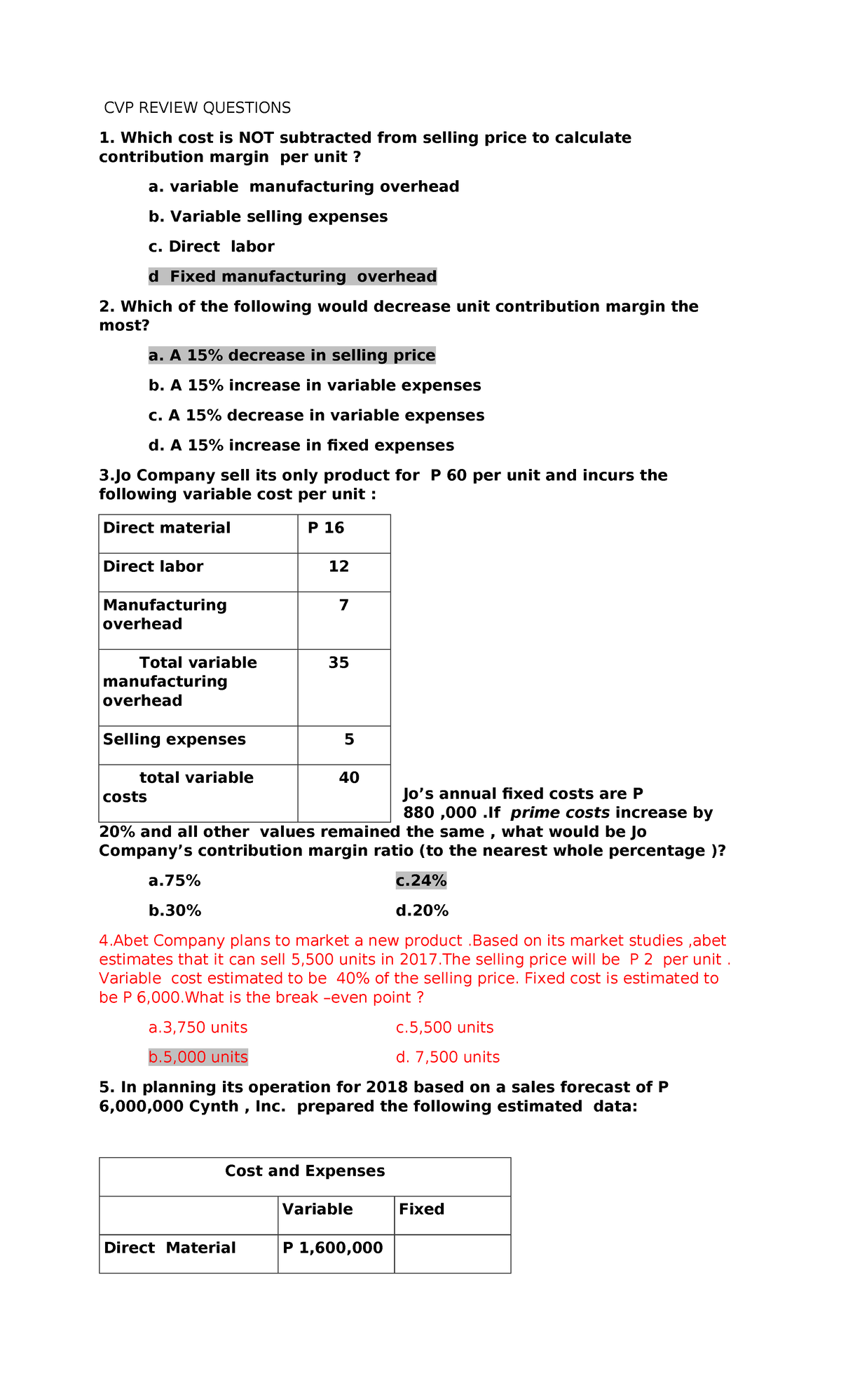 CVP Analysis Review Questions for Inbound 66275812 - Studocu