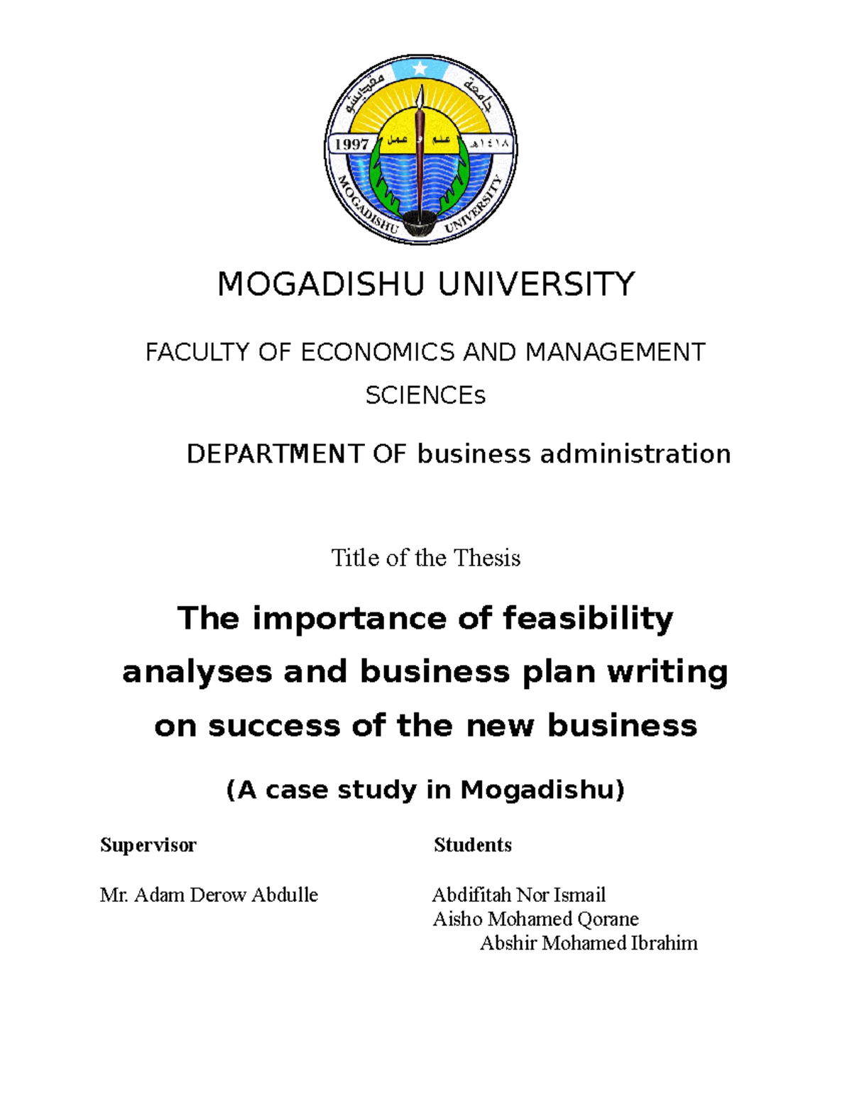 MOGADISHU UNI: Thesis on Feasibility Analyses & Business Plans - Document Preview