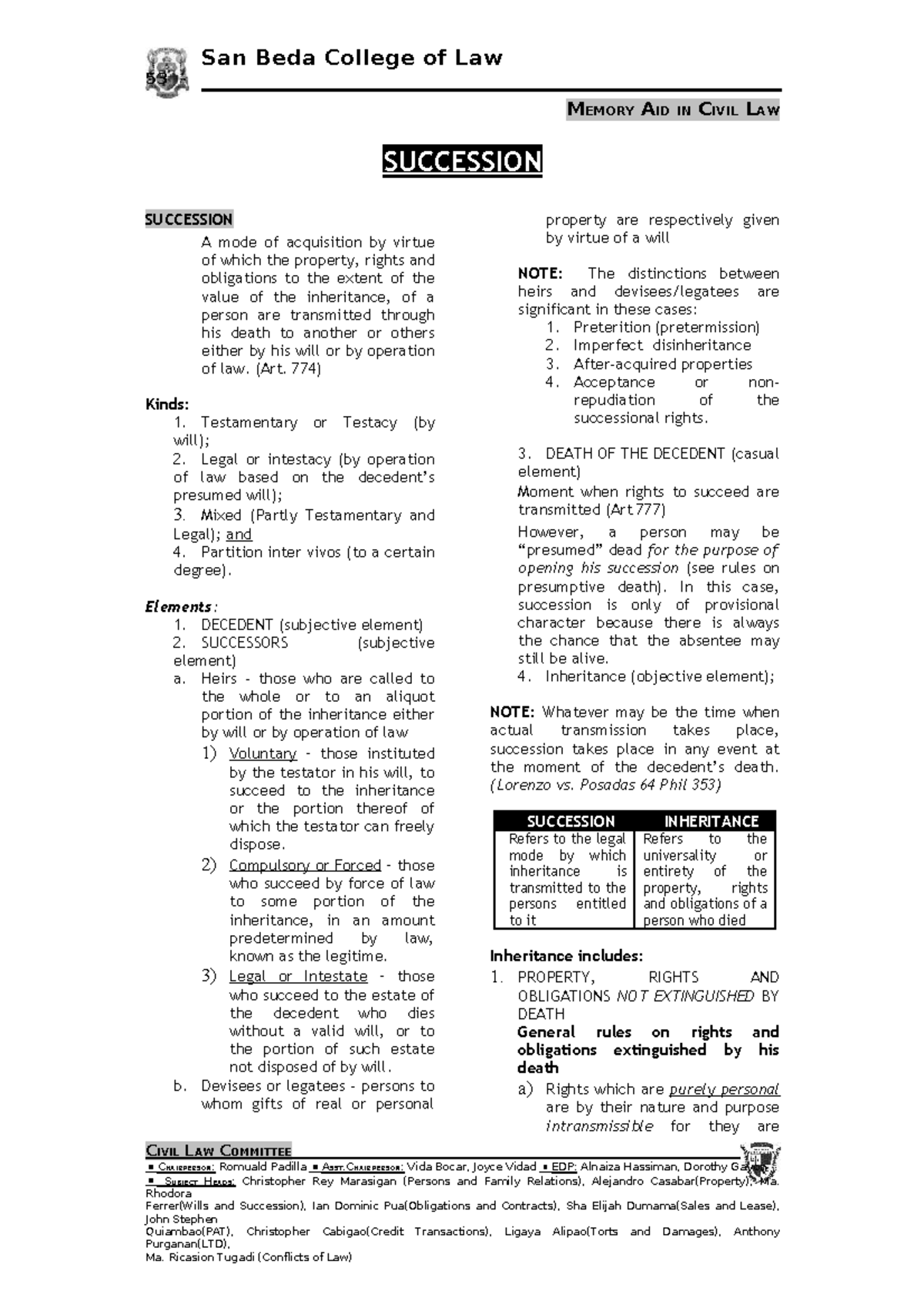 San Beda College of Law 53 Civil Law Memory Aid: Succession and ...