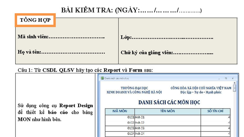 BKT: TỔNG HỢP BÁO CÁO VÀ FORM TỪ CSDL QLSV - Studocu
