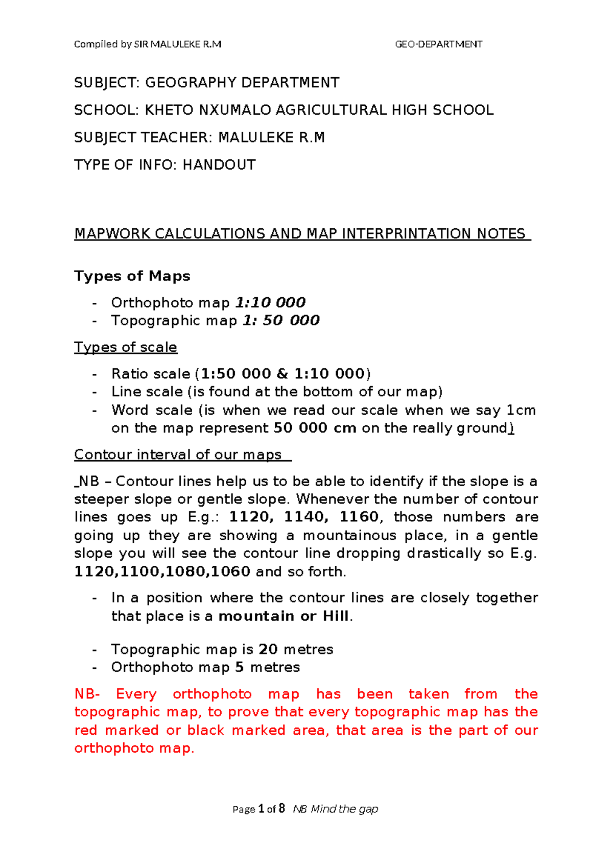 Mapwork Calculations and Interpretation Notes for Geography 101 - Studocu