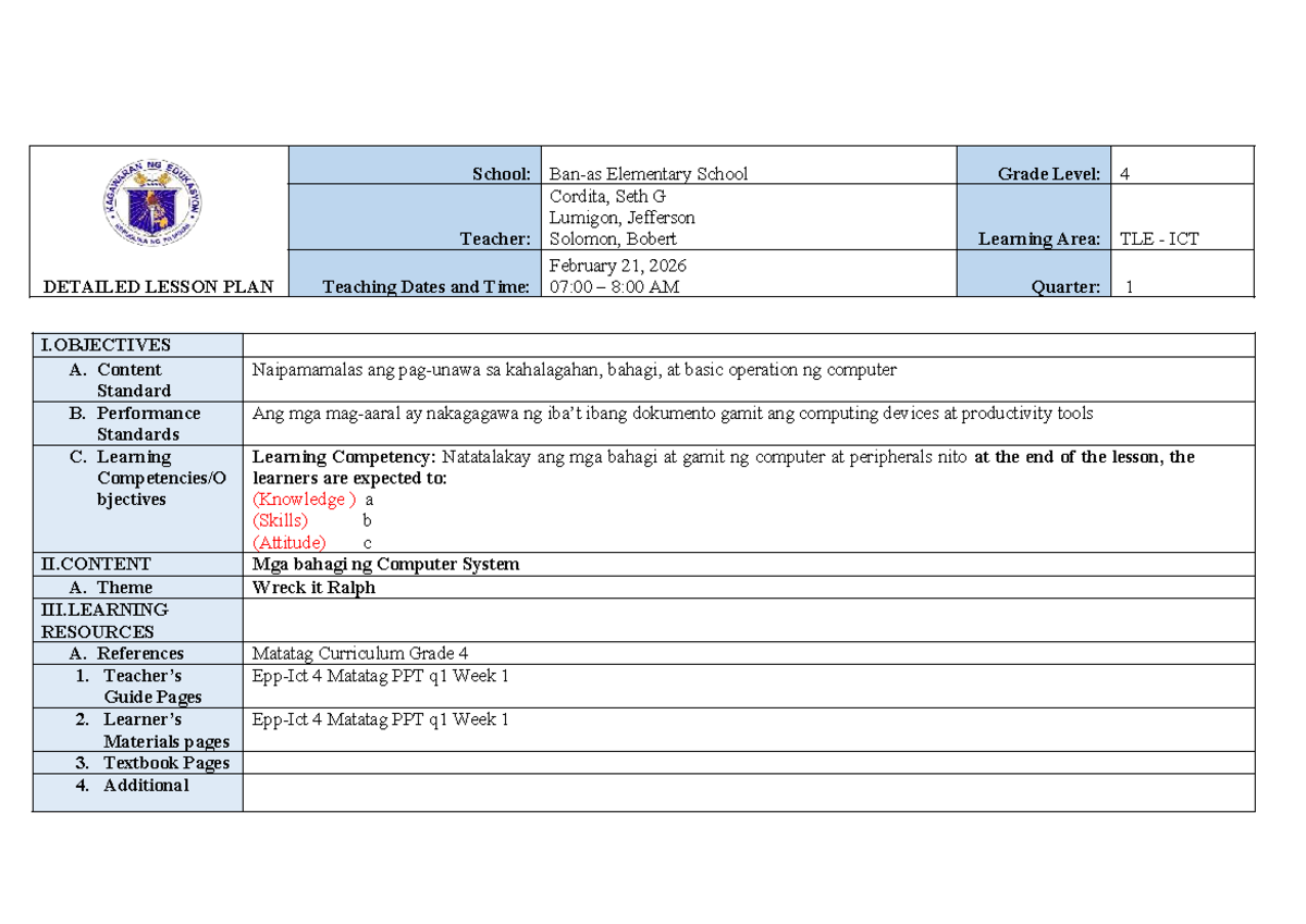 MGA BAHAGI NG COMPUTER: Detailed Lesson Plan for TLE 4 - Studocu