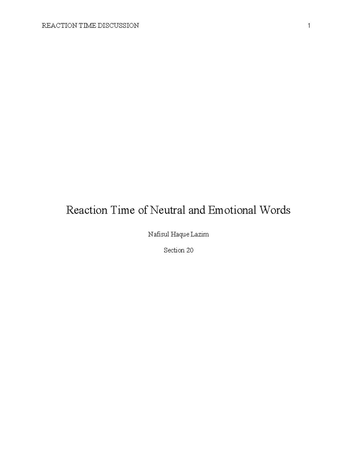 Psy101 Lab Report - Reaction Time to Emotional vs Neutral Words - Document Preview