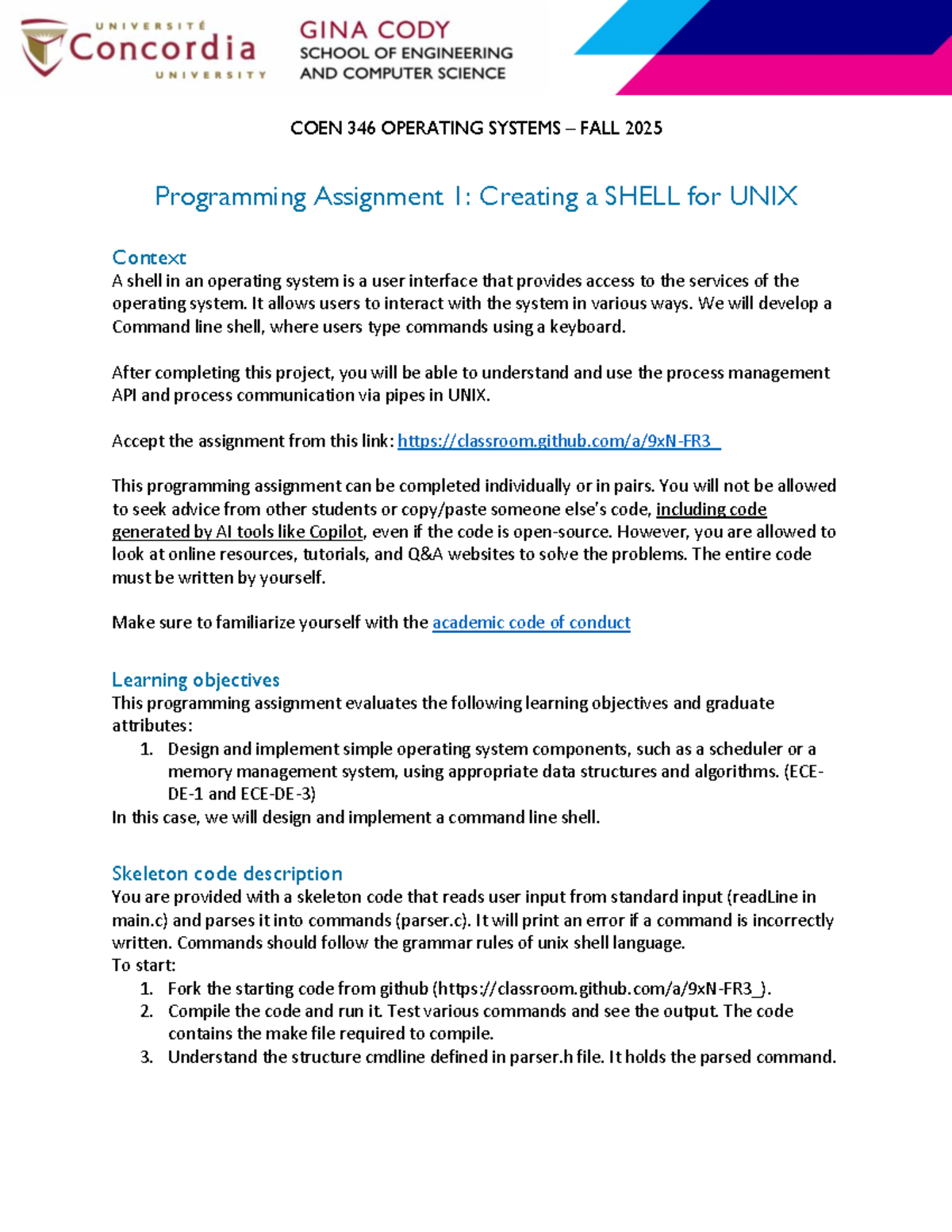 COEN 346 FALL 2025 Programming Assignment 1: UNIX Shell Development ...