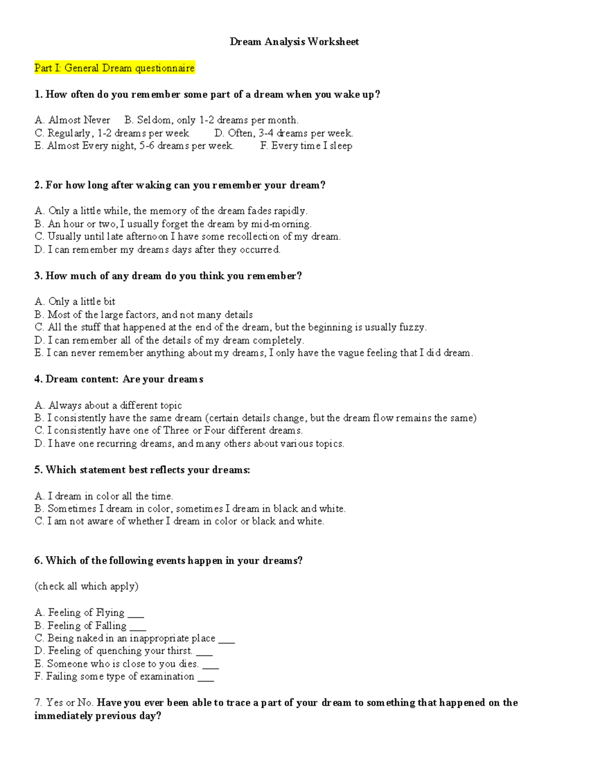 Dream Analysis Worksheet: Insights on Past and Present Dreams - Studocu