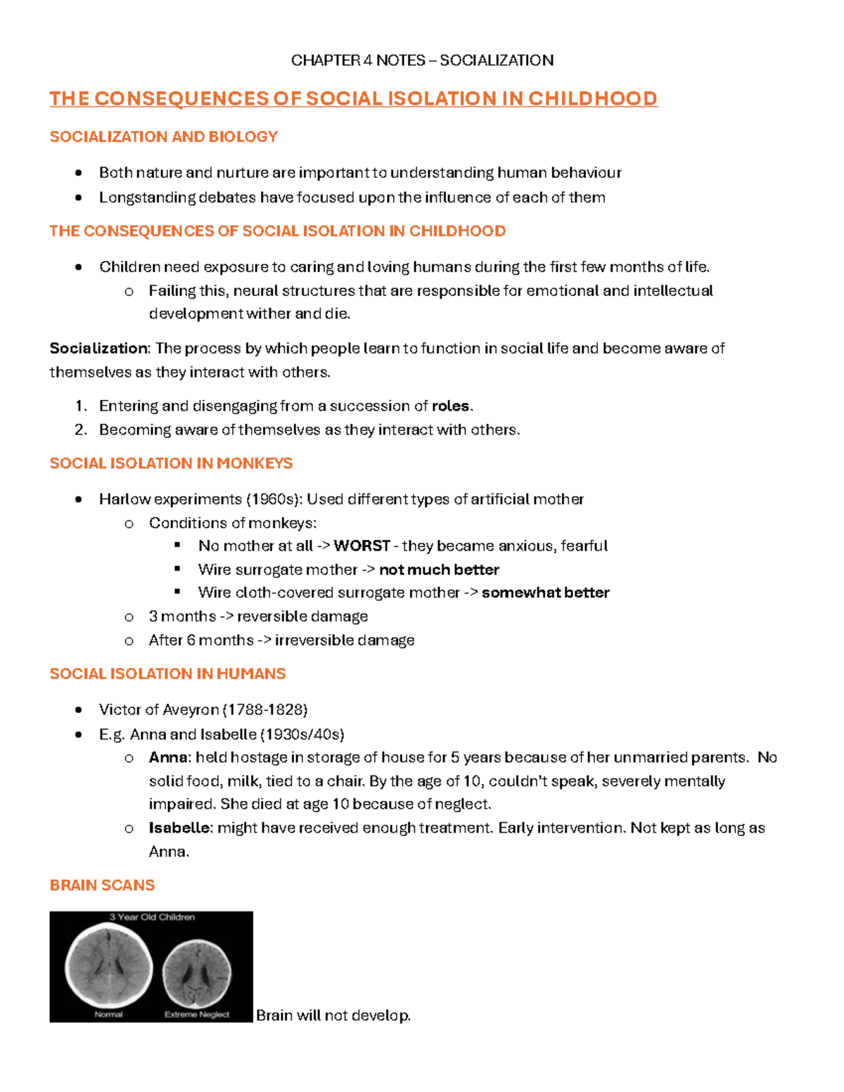 SOC 201 Chapter 4 Notes: Consequences of Socialization and Isolation ...