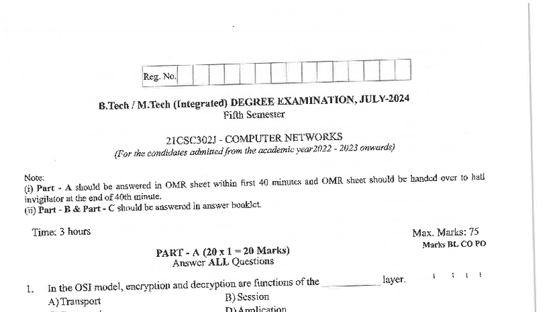 21CSC302J - Computer Networks Previous Year Question Paper - Studocu