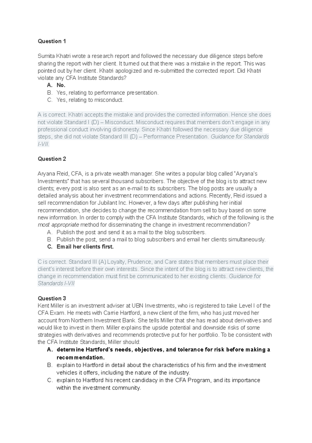 CFA Level I Mock Exam 1 Morning Answers and Explanations - Studocu