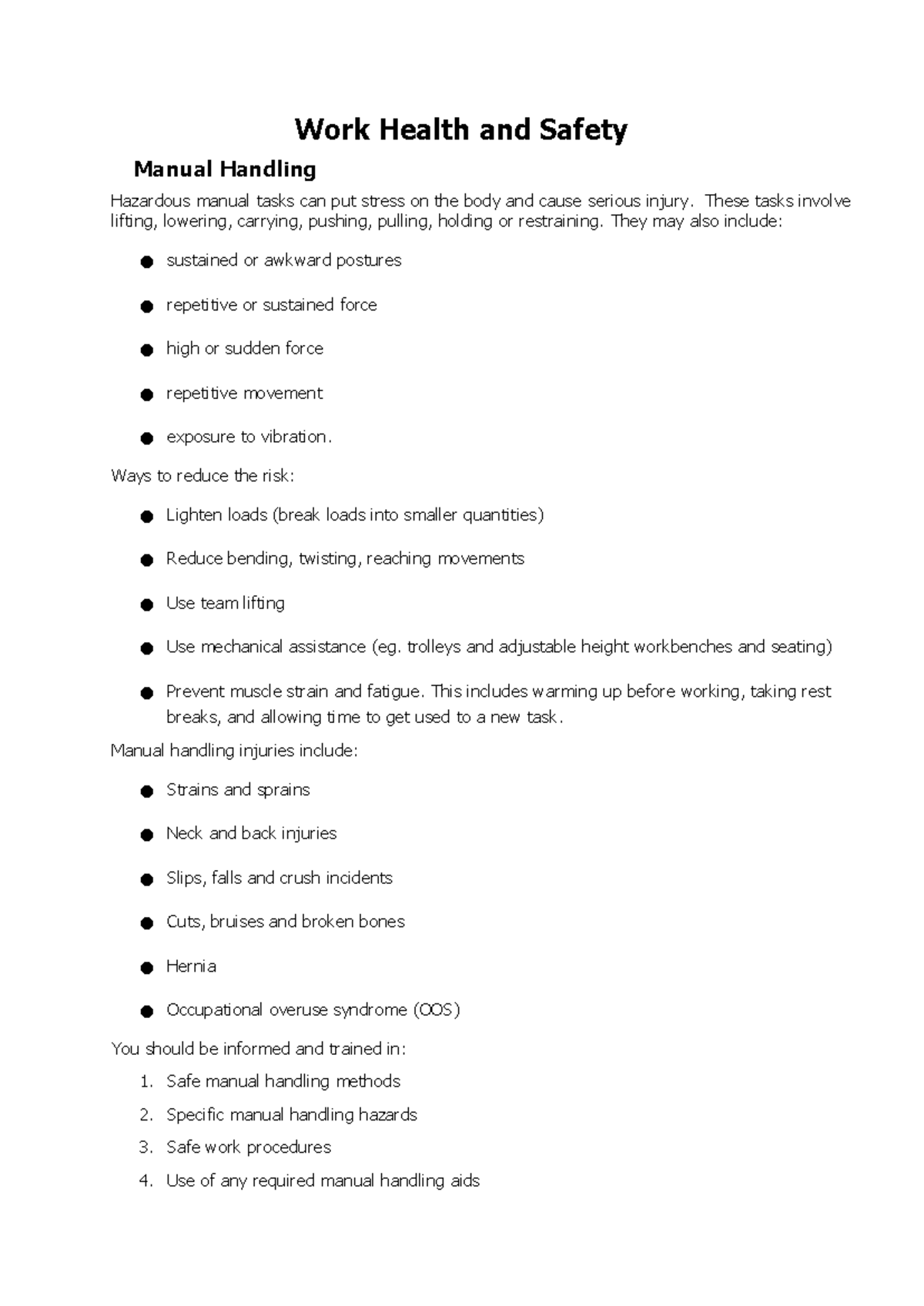 Manual Handling - Work Health and Safety Manual Handling Hazardous ...