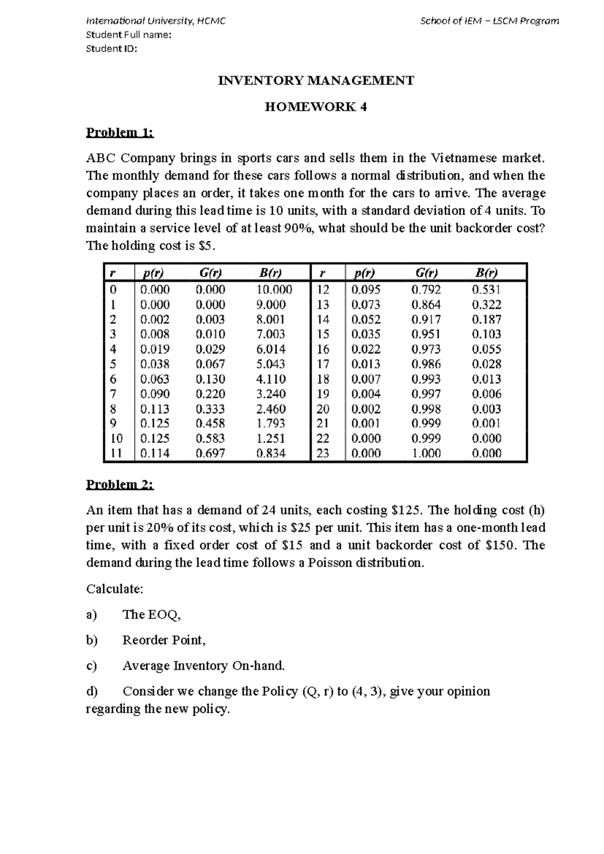 Inventory Management Homework 4 - IEM-LSCM Analysis and Solutions - Studocu