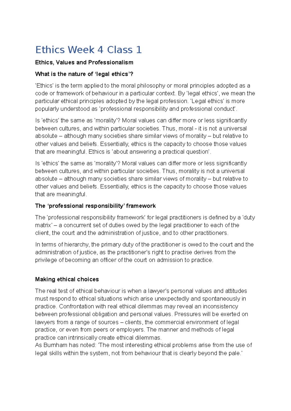 Ethics Week 4 Class 1 - Key Concepts in Professionalism and Values ...