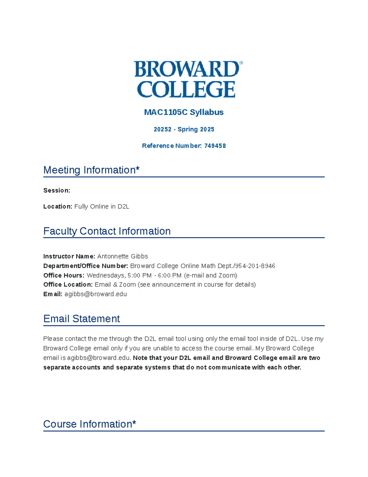 20252 Spring 2025 MAC 1105C Syllabus for Corequisite College Algebra ...