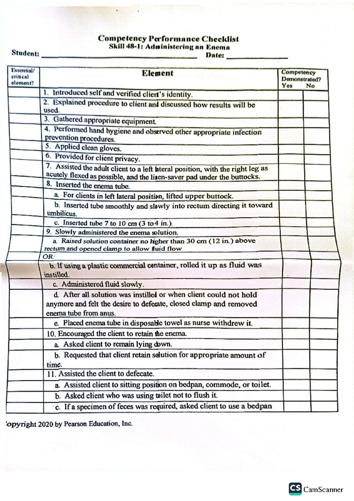 CS Enema Administration Competency Performance Checklist - Studocu
