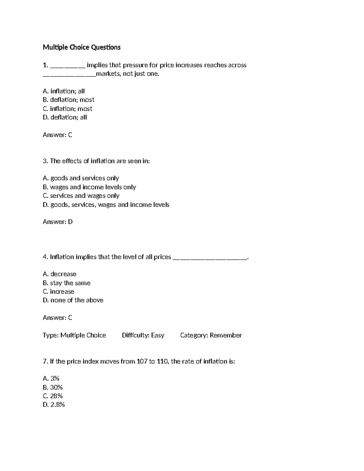 S 5 - Multiple Choice Questions on Inflation Concepts - Studocu