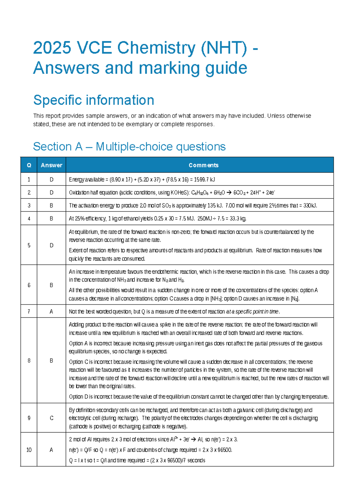 2025 VCE Chemistry (NHT) Model Answers & Marking Guide - Studocu