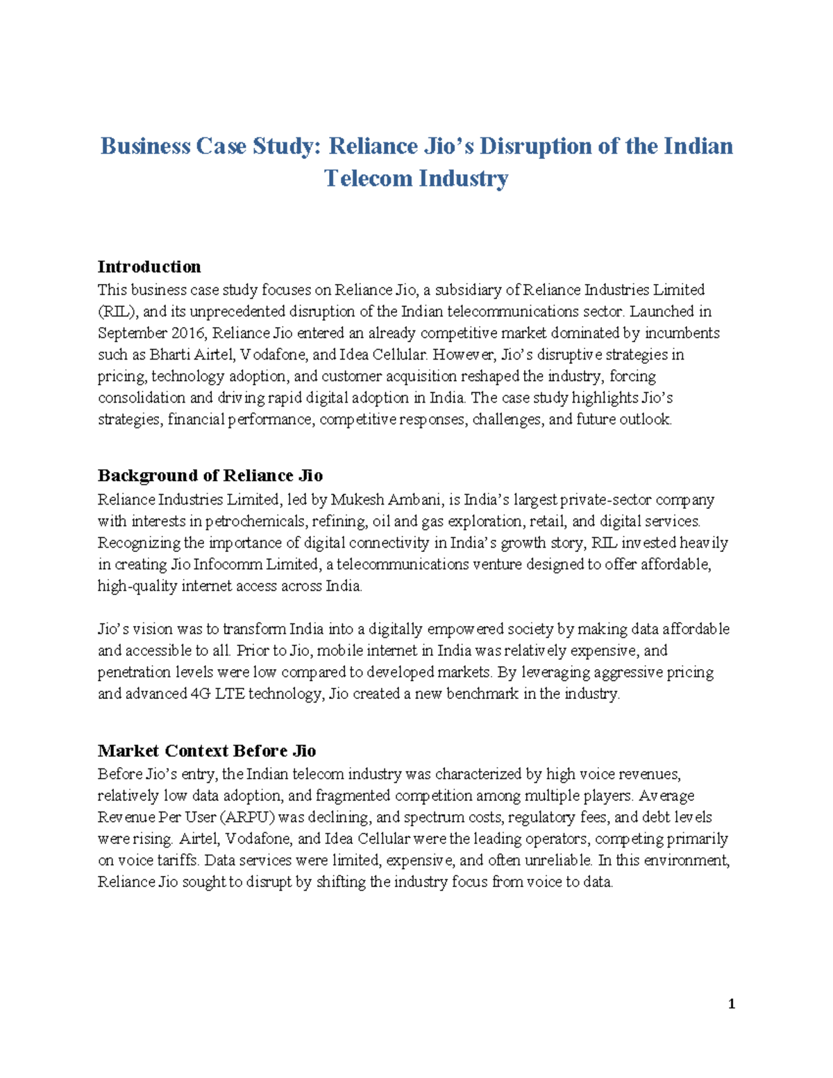 Business Case Study: Reliance Jio's Disruption in Indian Telecom - Studocu