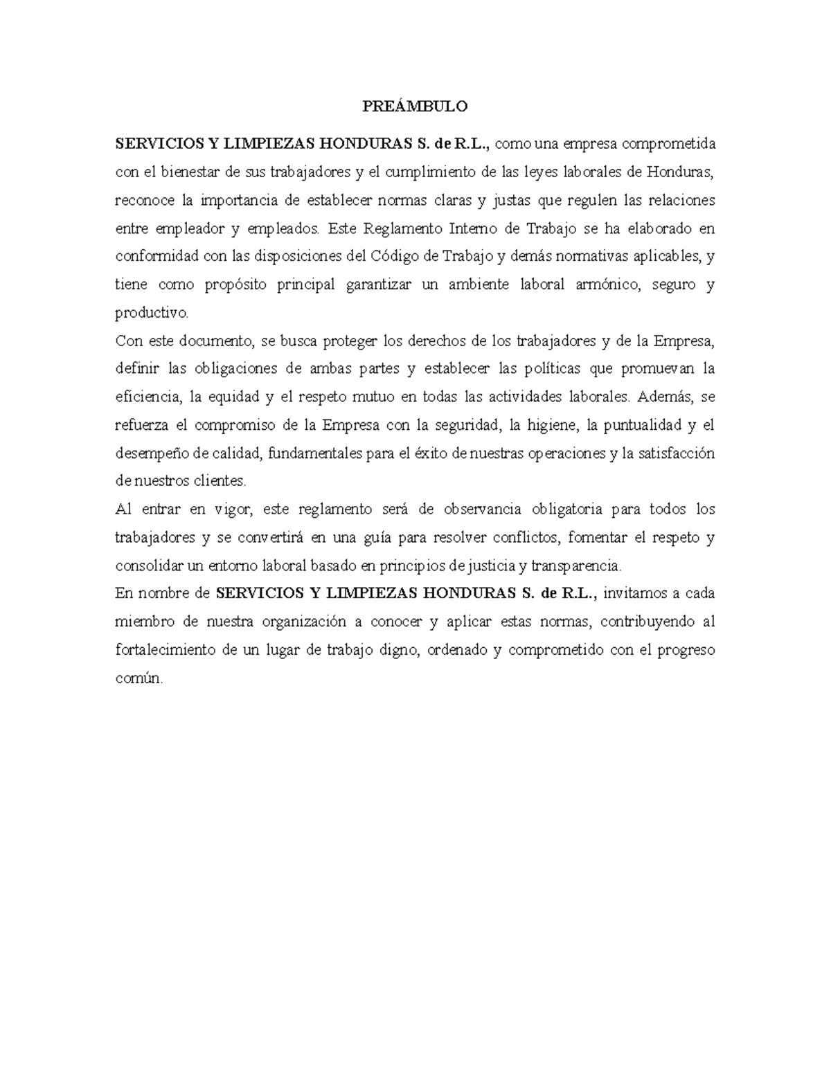 Reglamento Interno de Trabajo - SERVICIOS Y LIMPIEZAS HONDURAS S. de R. - Document Preview