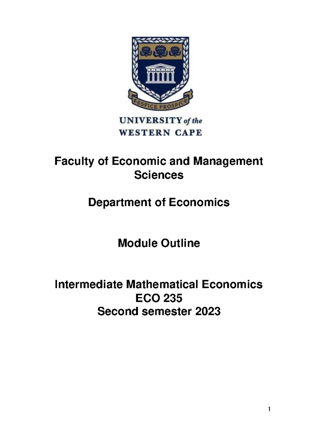 ECO235 Intermediate Mathematical Economics Course Outline 2023 - Studocu