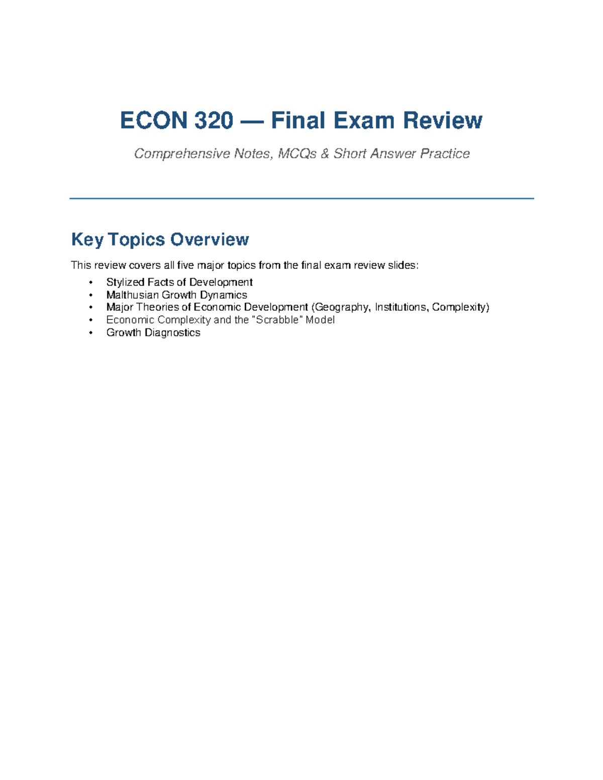 ECON 320 Final Exam Comprehensive Review Notes and Key Topics - Studocu