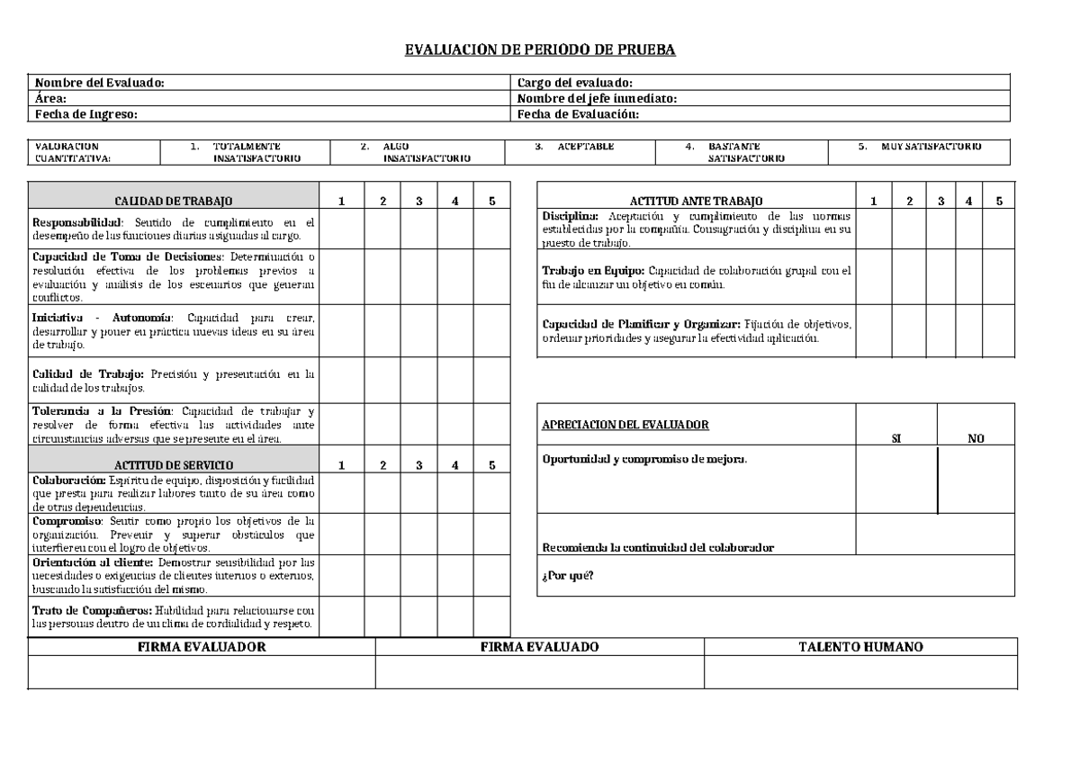 Evaluacion de desempeño - EVALUACION DE PERIODO DE PRUEBA Nombre del ...