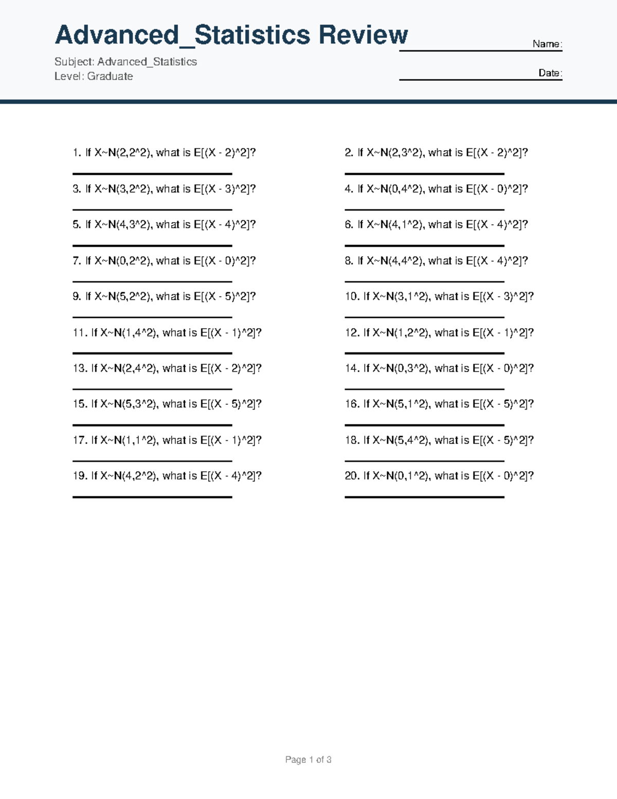 Advanced_Statistics Graduate Review - Practice Problems & Answers - Studocu