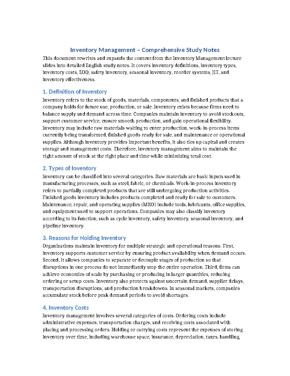 Inventory Management (IM) Comprehensive Study Notes - Studocu