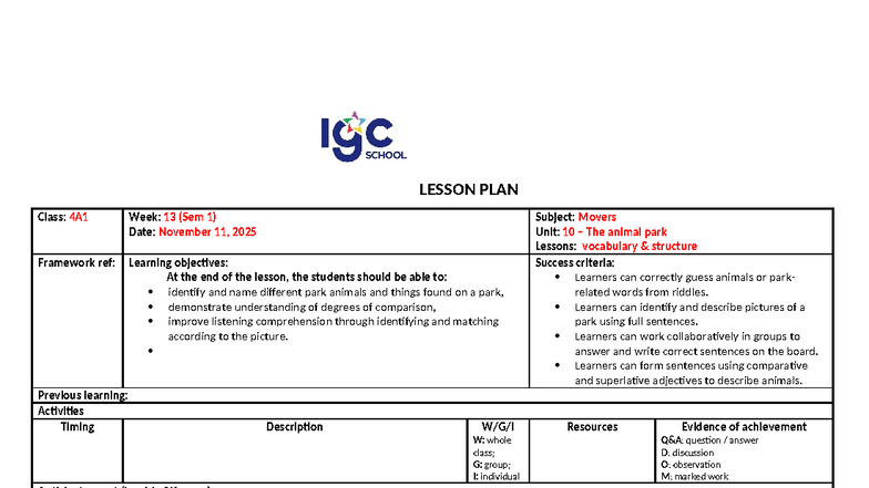 4A1 Lesson Plan: Week 13 - The Animal Park (Movers Unit 10) - Studocu