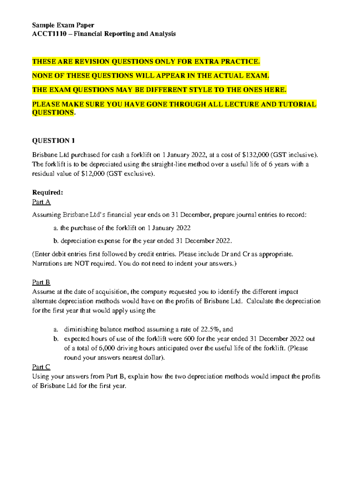 ACCT1110 – Financial Reporting and Analysis Sample Exam Questions - Studocu