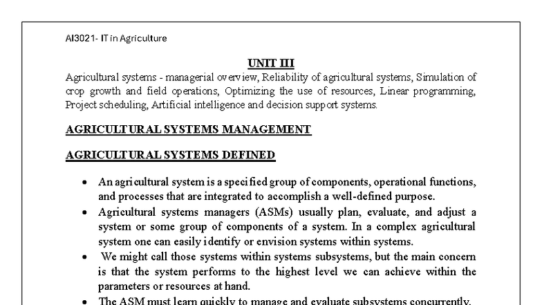 AI3021 IT in Agriculture: Agricultural Systems Management Overview and ...