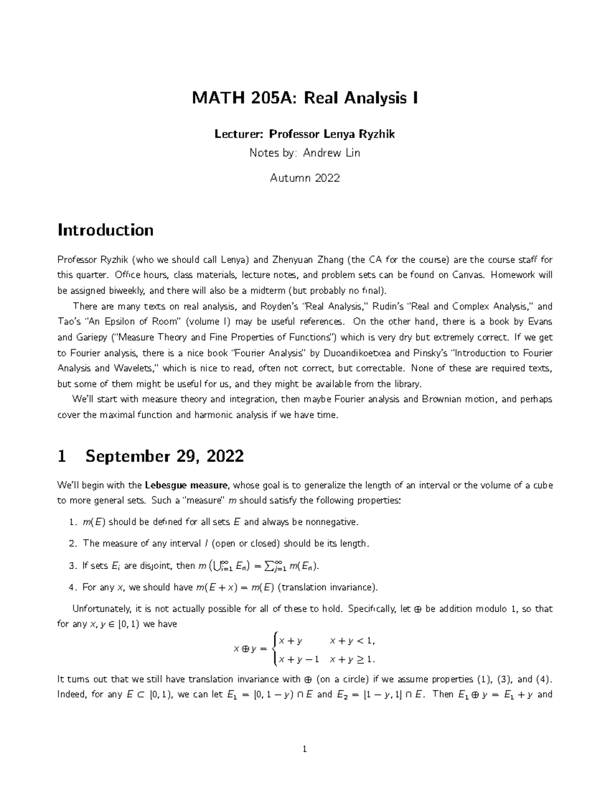 MATH 205A: Real Analysis I Lecture Notes - Autumn 2022 - Studocu