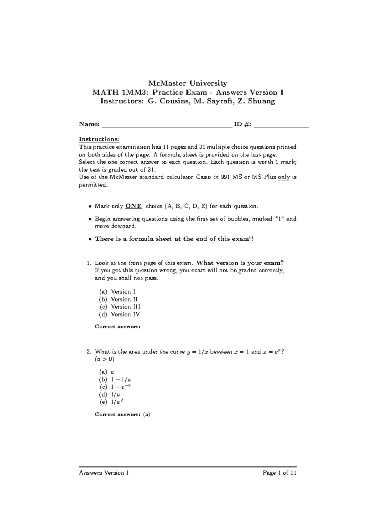 McMaster University MATH 1MM3: Practice Applied Calculus Final Exam ...