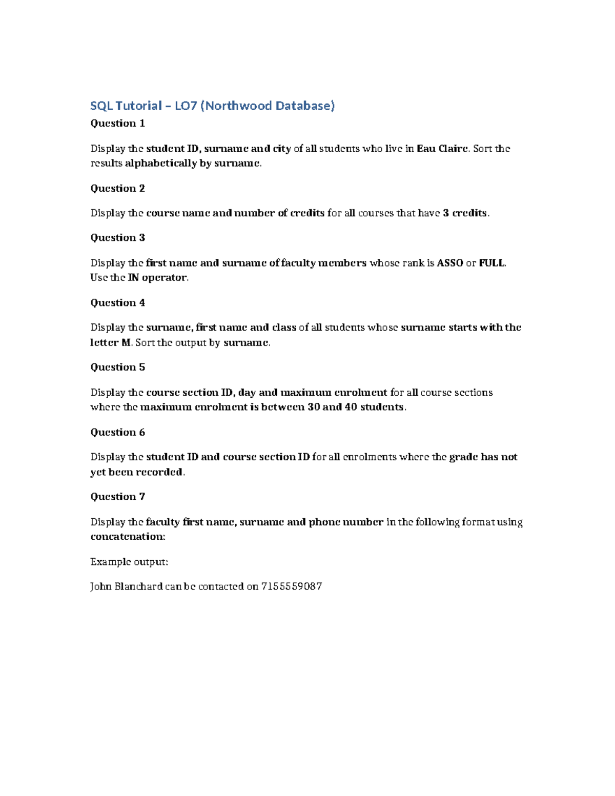 SQL Tutorial LO7: Northwood Database Queries and Results - Studocu