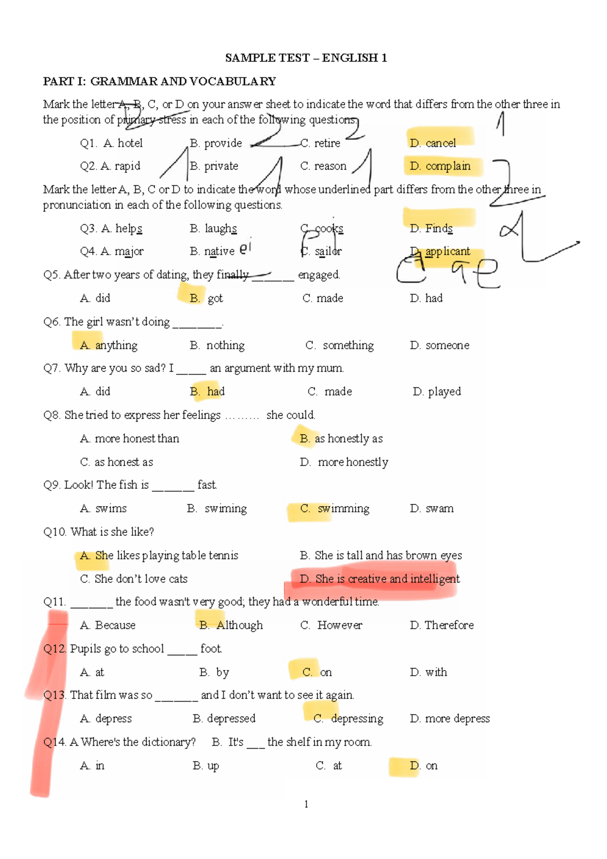 Sample Test AV1 - English 1: Grammar & Vocabulary Practice - Studocu