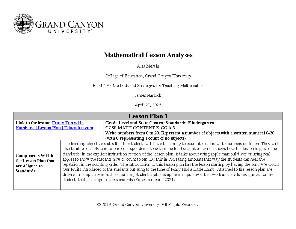 Mathematical Lesson Analyses: Strategies for Teaching K Math (EDU 101 ...