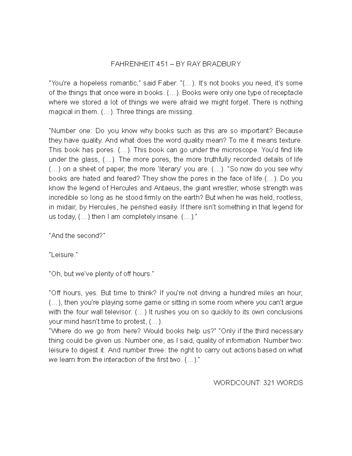 FAHRENHEIT 451: The Importance of Quality in Literature - IAO - Studocu