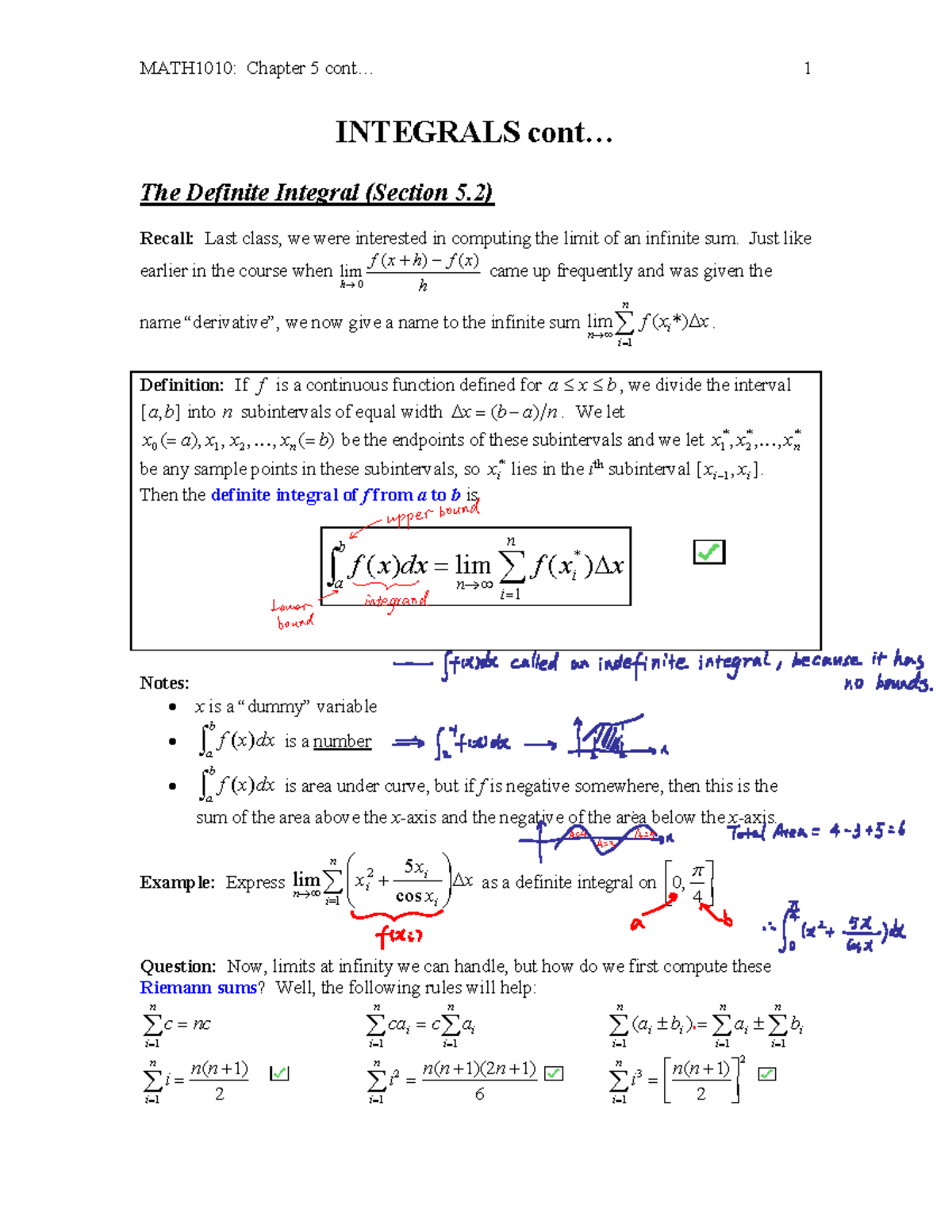 Week10Lec1 - lecture notes for integrals - INTEGRALS cont... The ...