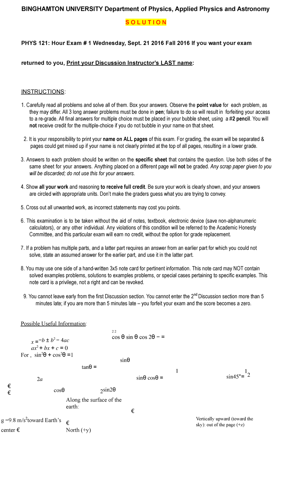 PHYS 121: Solutions for Hour Exam 1 - Fall 2016 - Studocu