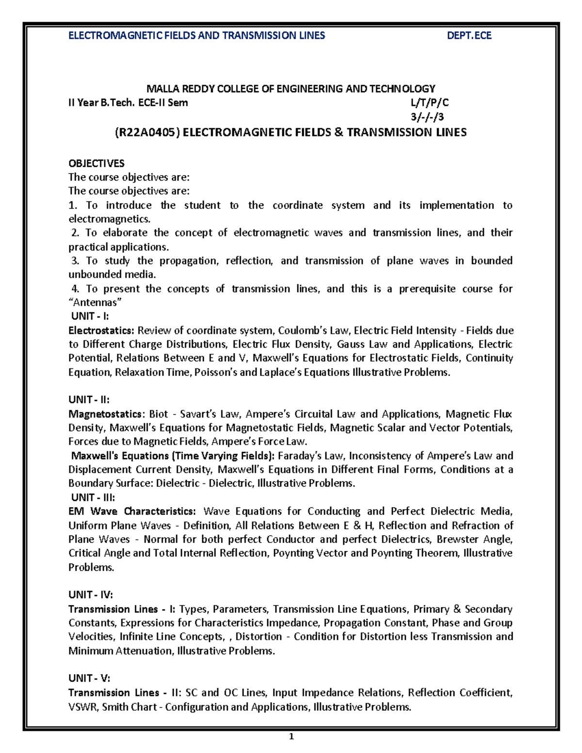 EMTL - Electromagnetic Fields & Transmission Lines Notes 2023-24 - Studocu