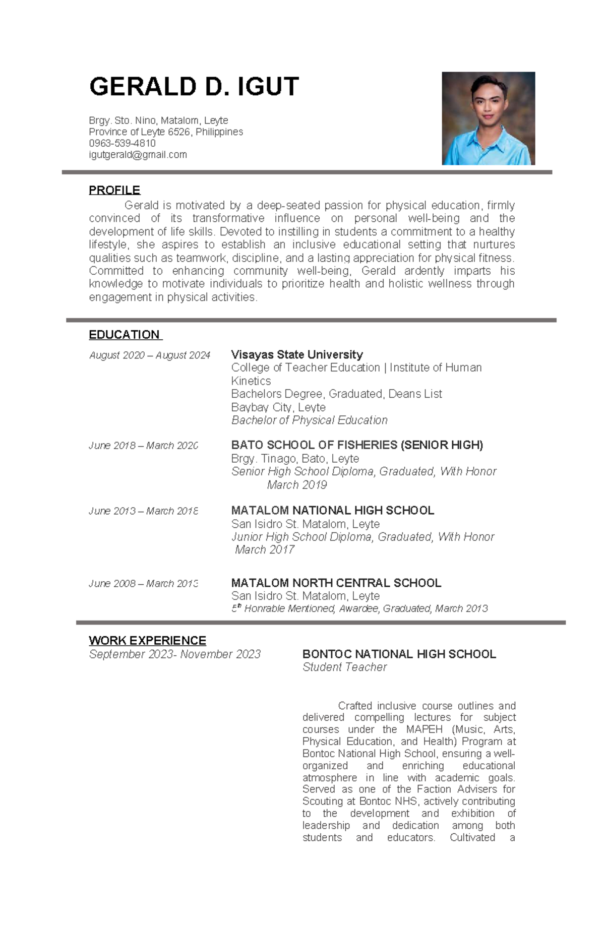 Resume of Gerald D. Igut - Bachelor of Physical Education (BPED) - Studocu