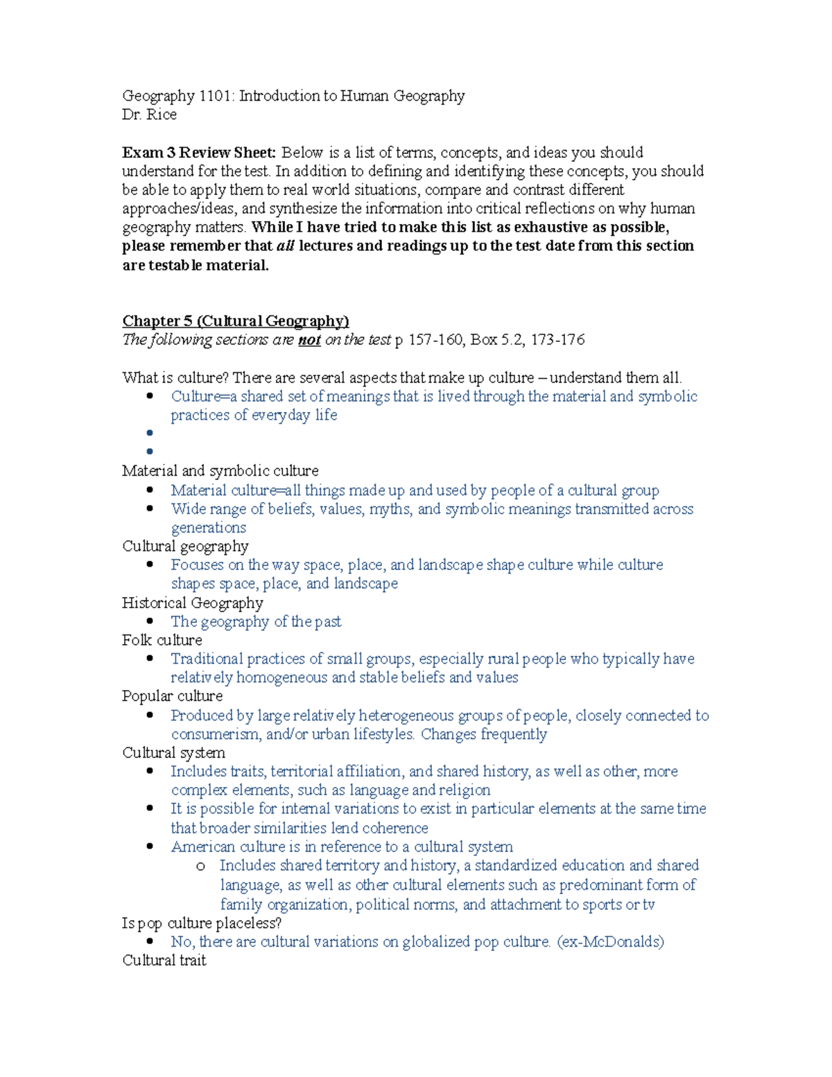 Geography 1101: Exam 3 Study Guide on Human Geography Concepts - Studocu