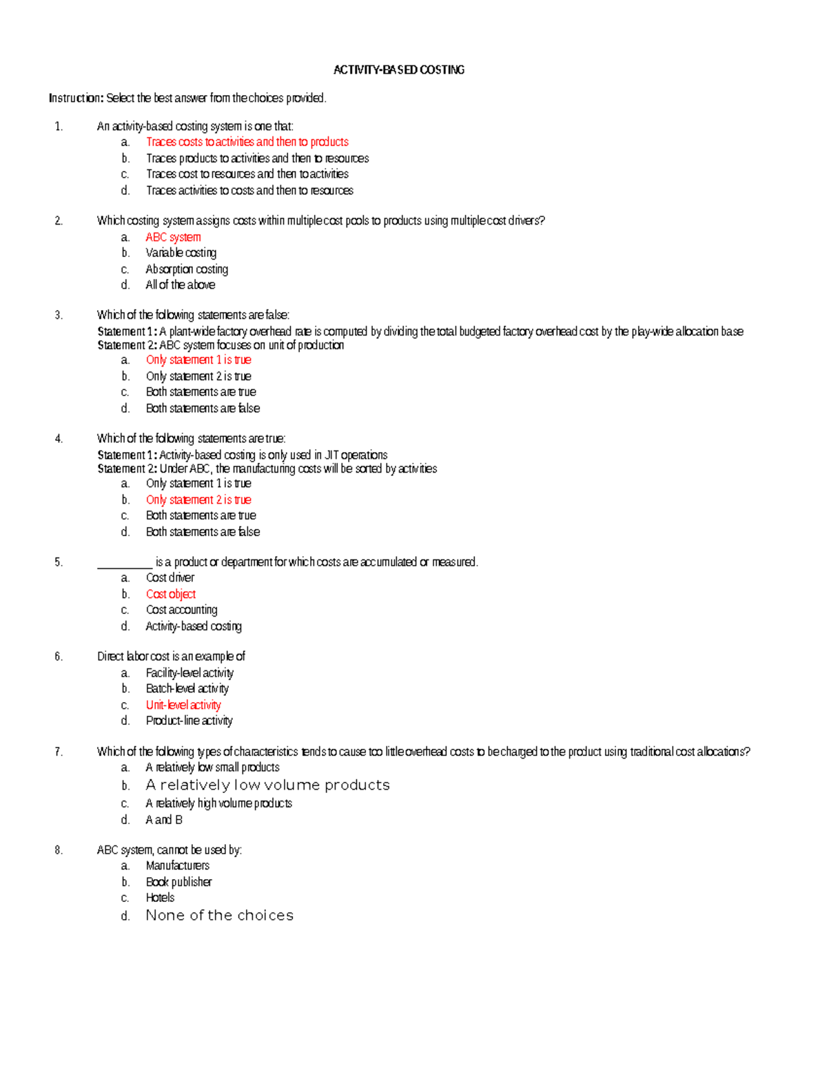 Q6 Activity Based Costing Quiz: Key Concepts and Questions - Studocu
