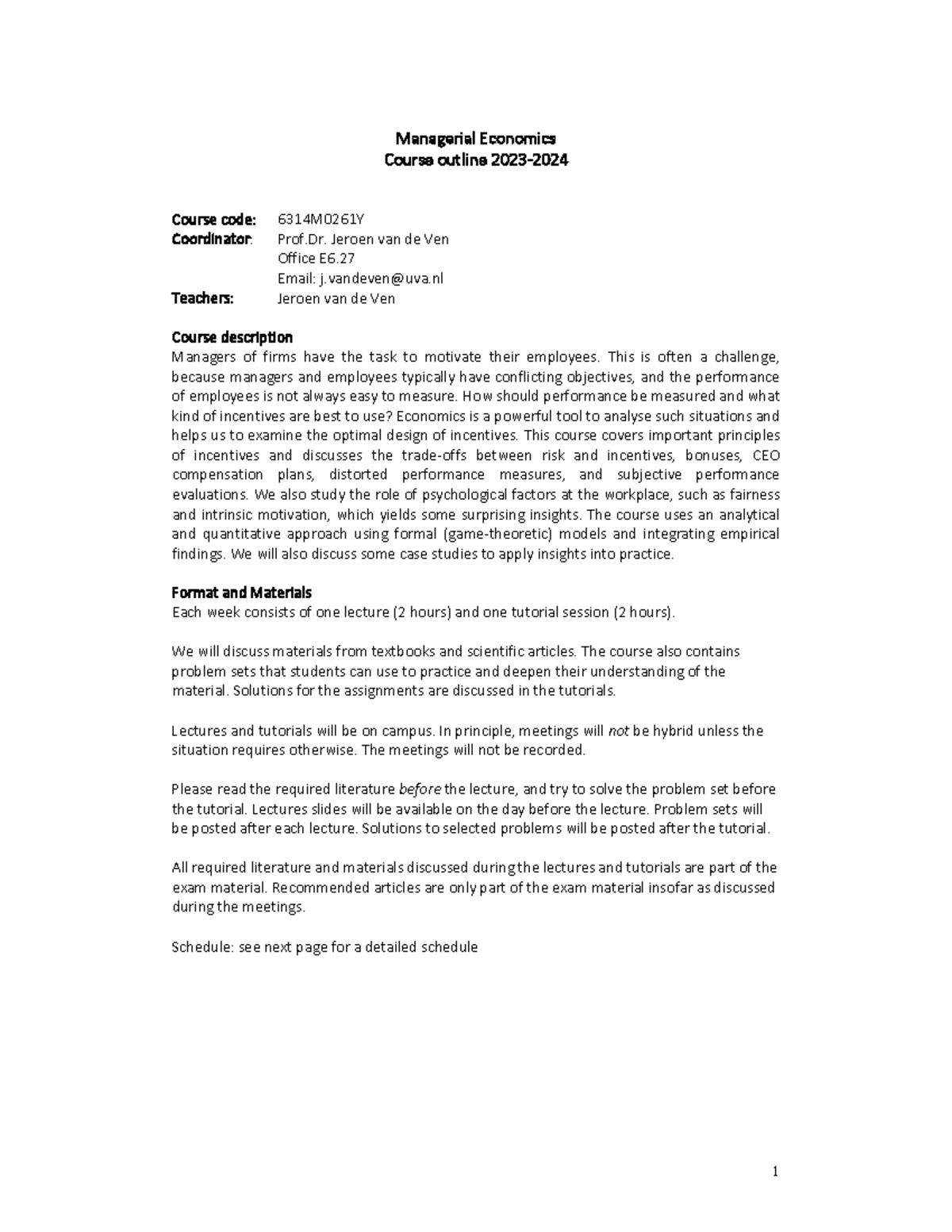 Managerial Economics Course Outline 6314M0261Y (2023-2024) - Studeersnel
