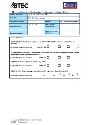 BTEC HND Computing Unit 01 Programming assignment feedback form - Studocu