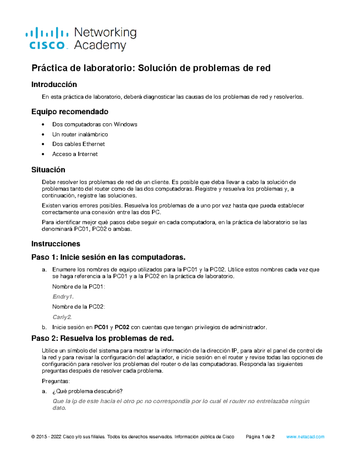 6.2.2.5 Lab - Troubleshoot Network Problems - © 2015 - 2022 Cisco y/o ...