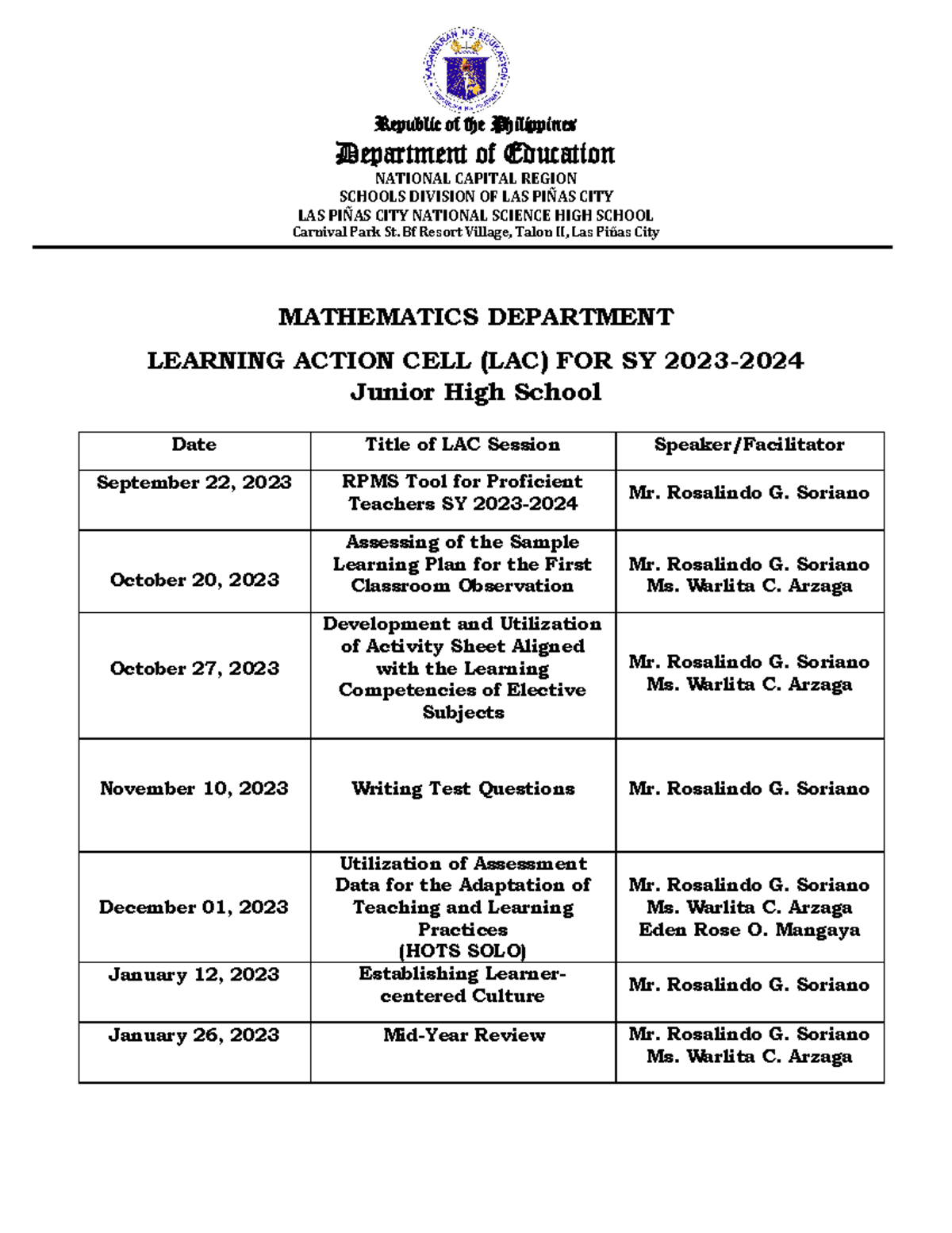 Math-LAC-Plan 2023: Guide to Mathematics Learning Action Cell Sessions ...