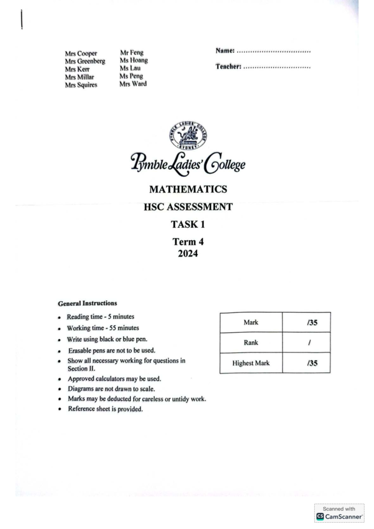 2024 MATHEMATICS HSC ASSESSMENT TASK 1 - Pymble College - Studocu