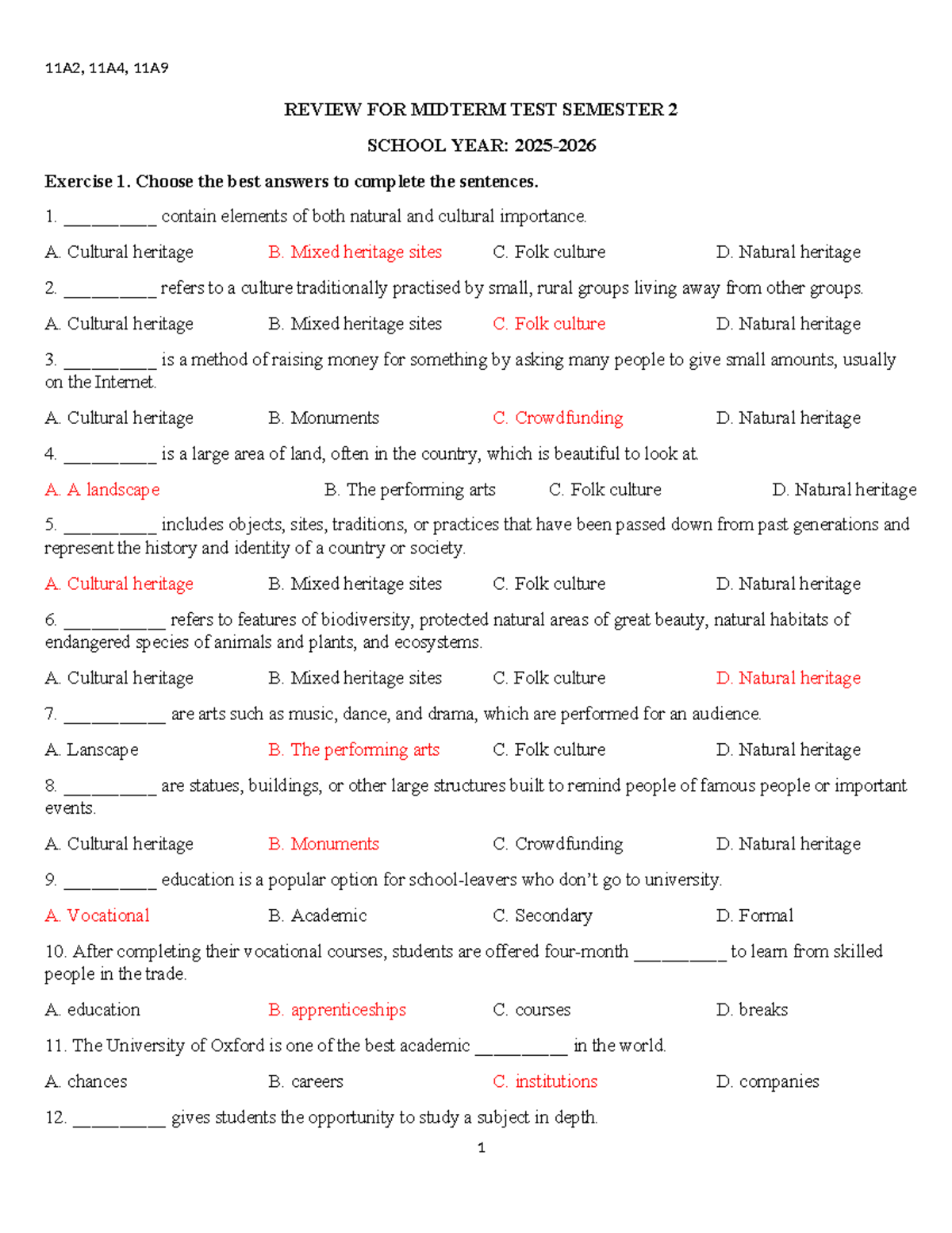 REVIEW FOR MIDTERM TEST: 11A2, 11A4, 11A9 Semester 2 - Studocu